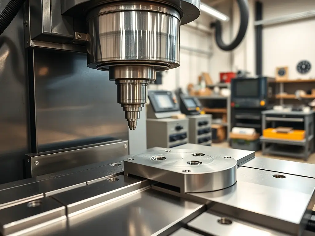 A photograph of a CNC milling machine at Spring Engineering Workshop, capturing the intricate detail of a part being milled. The image should emphasize the machine's multi-axis capabilities and the clean, organized workspace.
