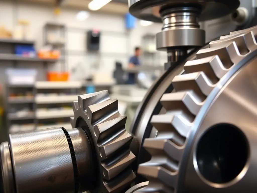 A close-up shot of a gear hobbing machine at Spring Engineering Workshop, showing the process of gear teeth being cut. The image should highlight the precision and accuracy of the machine, as well as the quality of the finished gear.