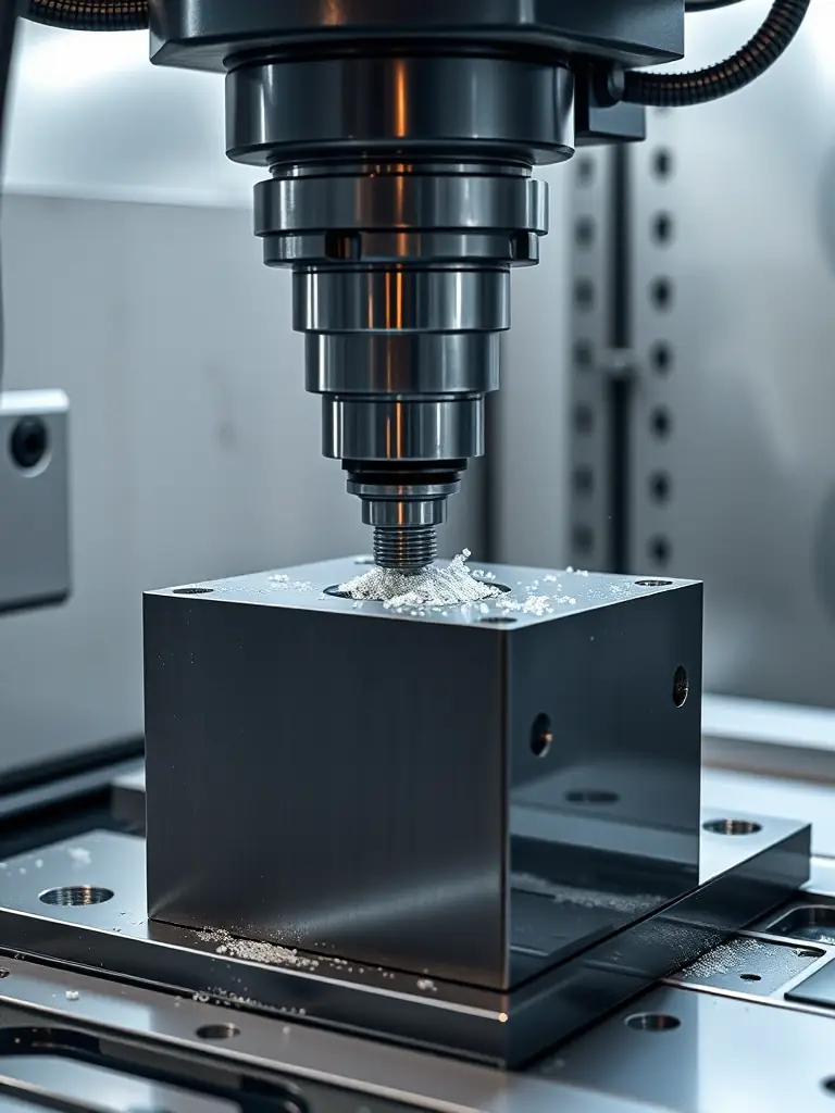 A detailed shot of a CNC milling machine, showcasing its multi-axis capabilities and intricate cutting process on a metal block.