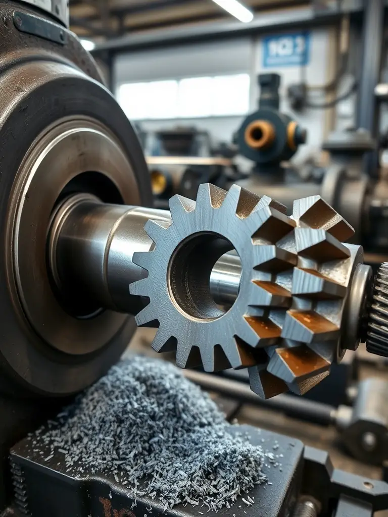 A gear hobbing machine producing gears with precise tooth profiles, demonstrating the specialized gear manufacturing services.