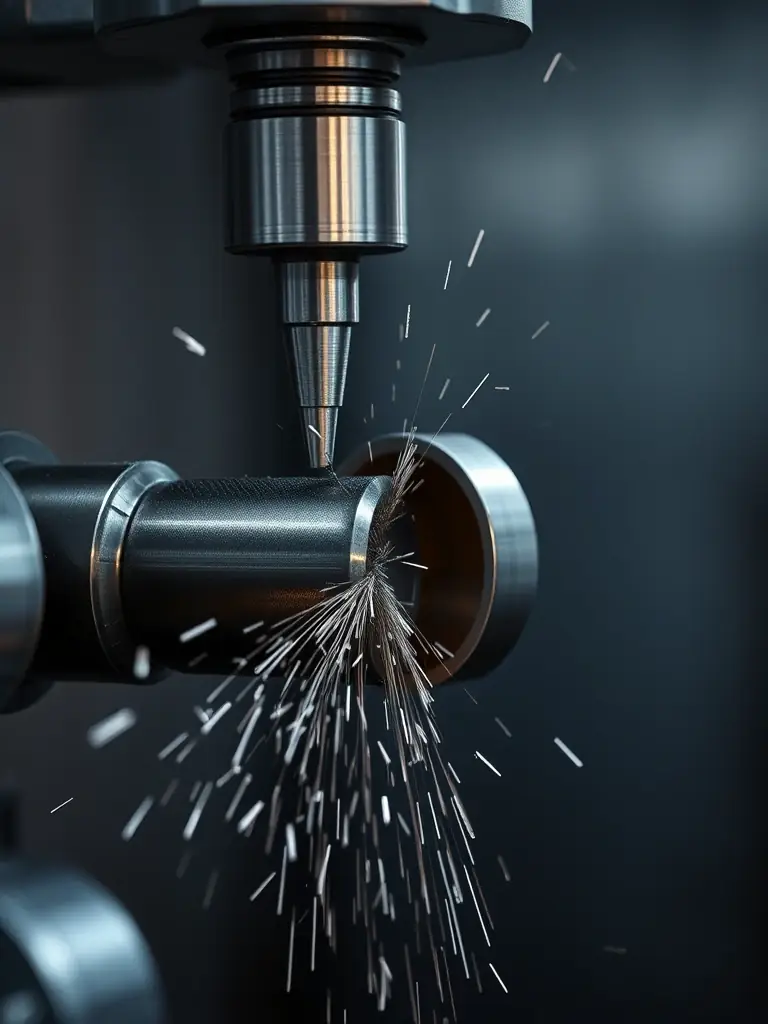 A high-resolution image of a CNC lathe in operation, cutting a metal workpiece with precision. The focus is on the cutting tool and the resulting shavings.