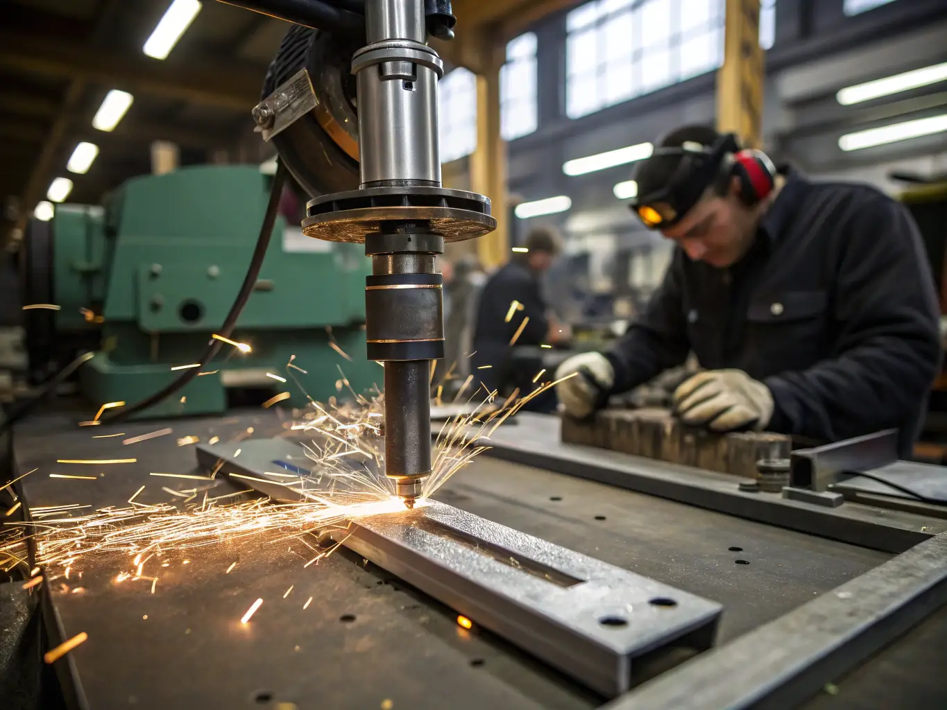 A planer machine in action, shaping a large metal workpiece with a sharp cutting tool, showcasing the process of creating flat surfaces.