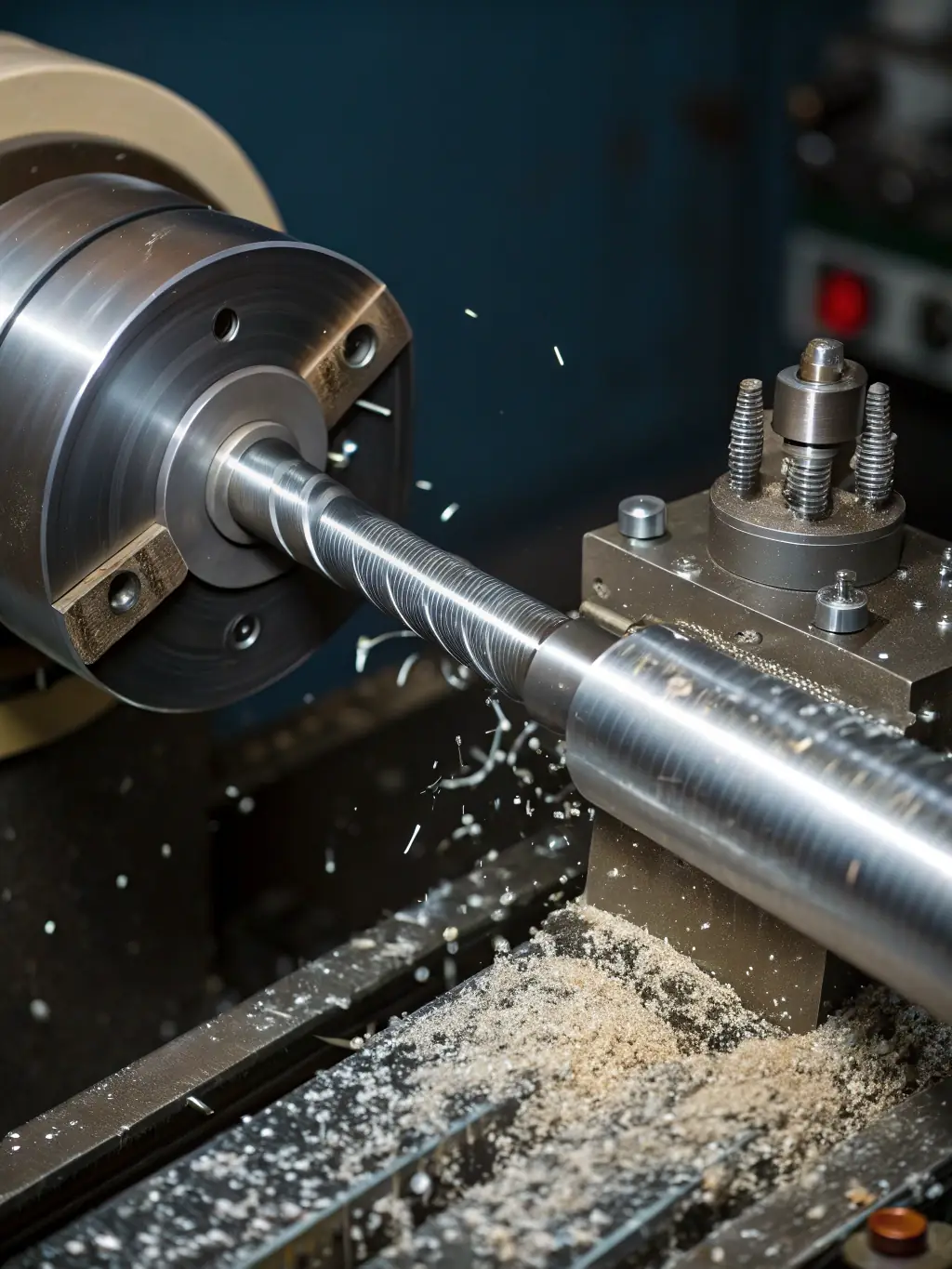 A close-up of a conventional lathe, showing its robust construction and the process of shaping a metal rod.