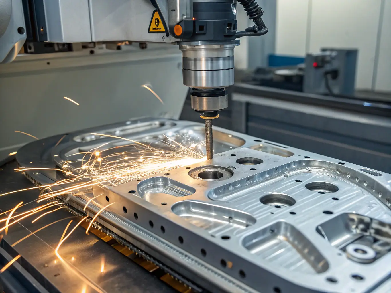 A high-resolution image showcasing a CNC turning process, with sparks flying as a metal workpiece is precisely shaped. The focus is on the accuracy and detail achieved through CNC technology.