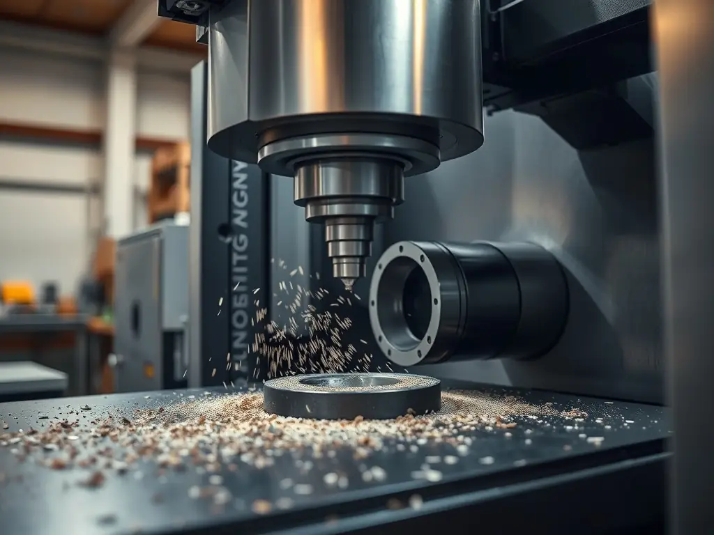 A high-resolution image showcasing a modern CNC lathe in operation, machining a complex metal component. The focus is on the precision and advanced technology of the equipment.