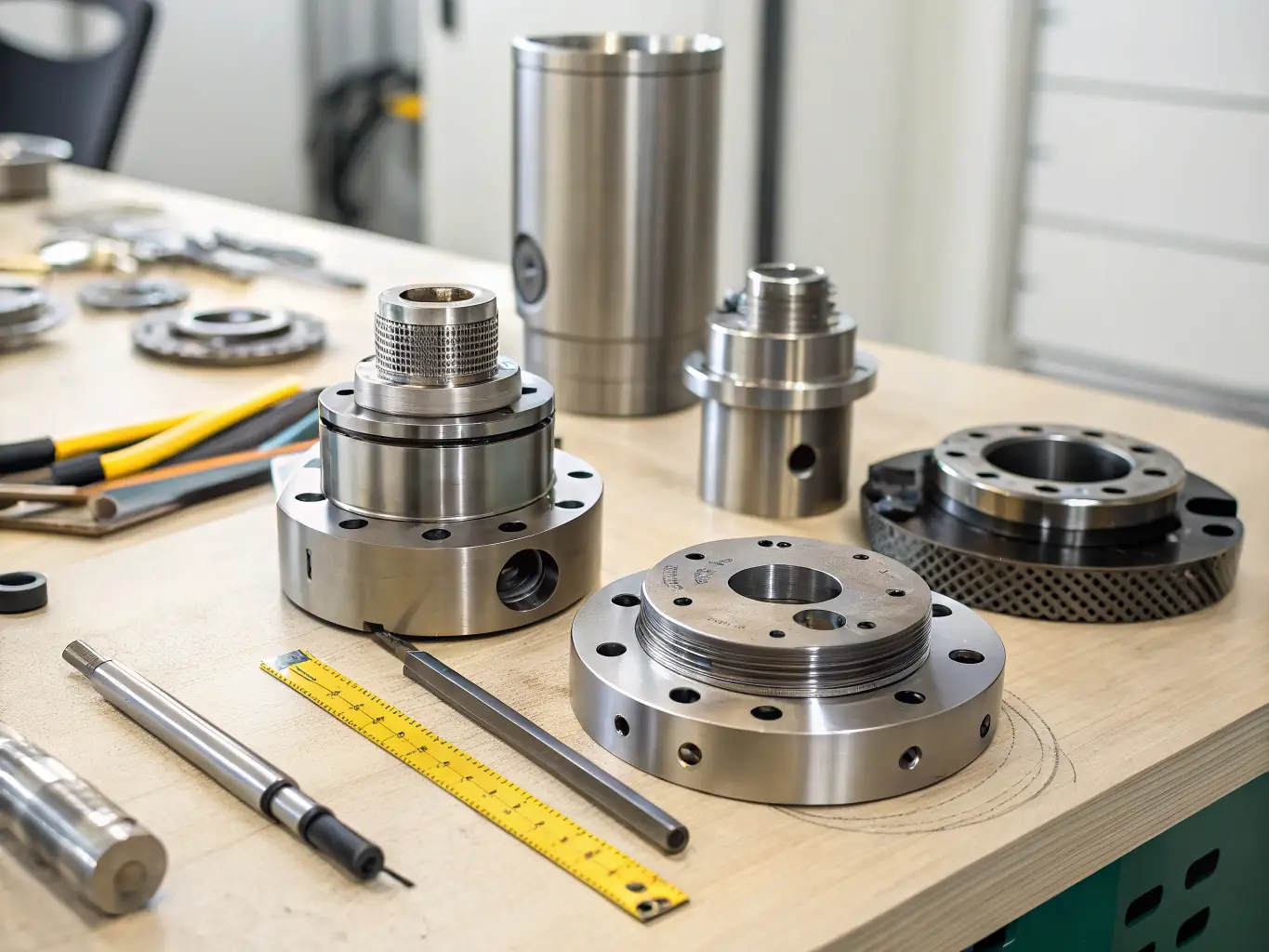 An image showcasing a variety of precision-machined parts produced by Spring Engineering Workshop LLC, highlighting the quality and diversity of their work.