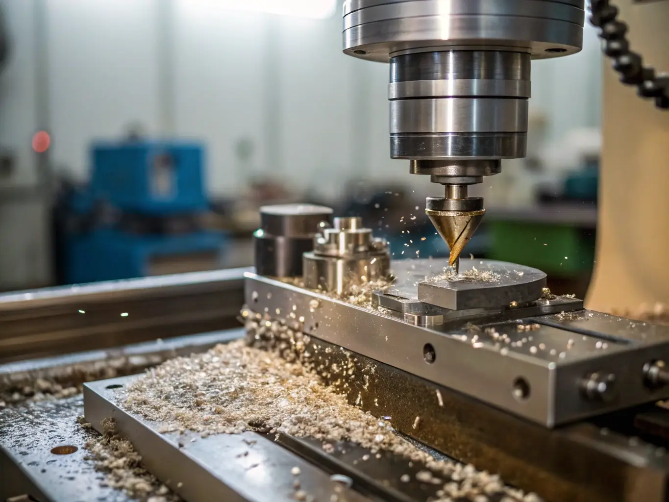 A detailed shot of a milling machine in action, cutting intricate patterns into a metal block. The image emphasizes the versatility and precision of the milling process.