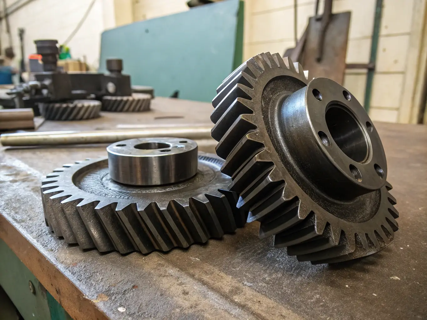 An image of a gear hobbing machine creating precise gear teeth. The focus is on the machine's specialized function and the quality of the gears produced.