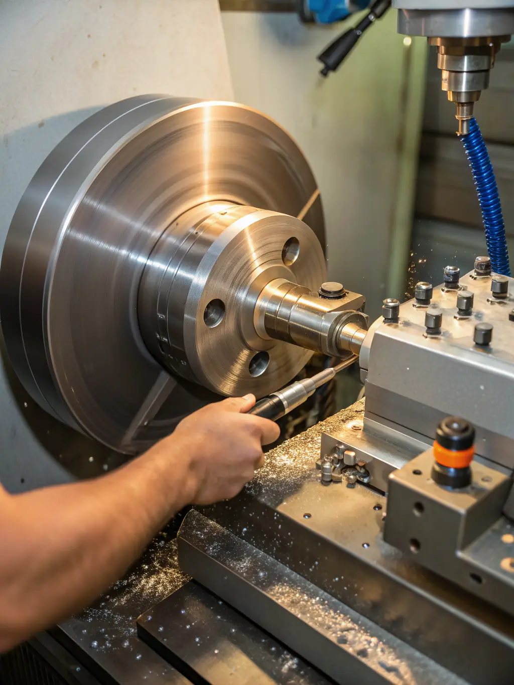 A high-resolution photograph of a CNC lathe in operation at Spring Engineering Workshop LLC, showcasing its precision and automated capabilities.