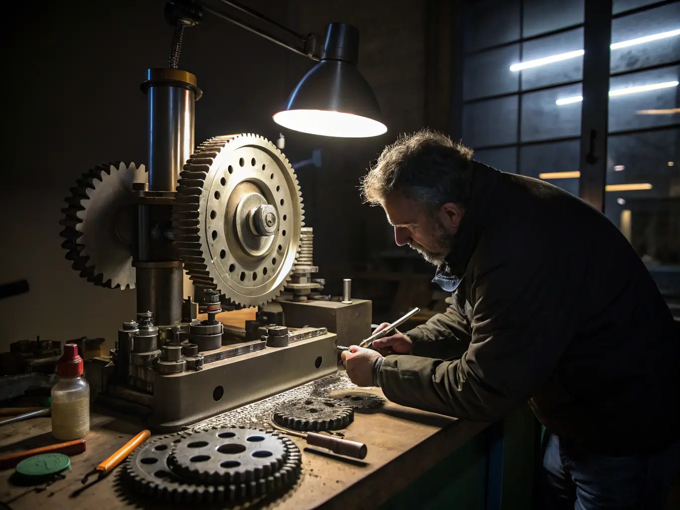 An image of a surface grinding machine smoothing a metal component to a mirror finish. The focus is on the precision and surface quality achieved through grinding.