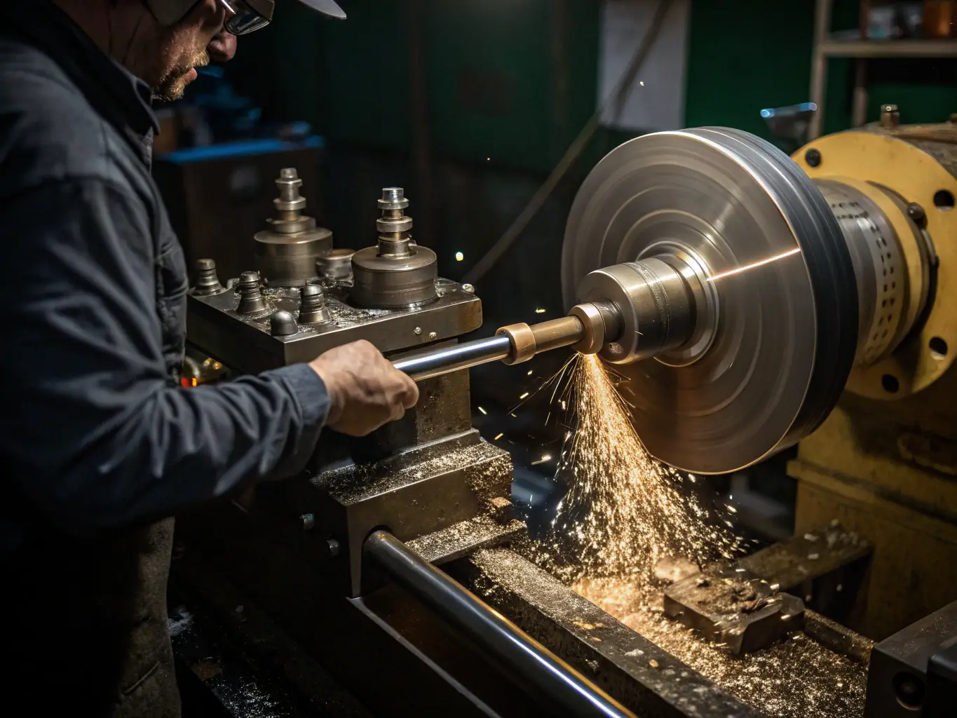 A machinist skillfully operating a conventional lathe, turning a metal workpiece with precision tools in a well-lit workshop environment.