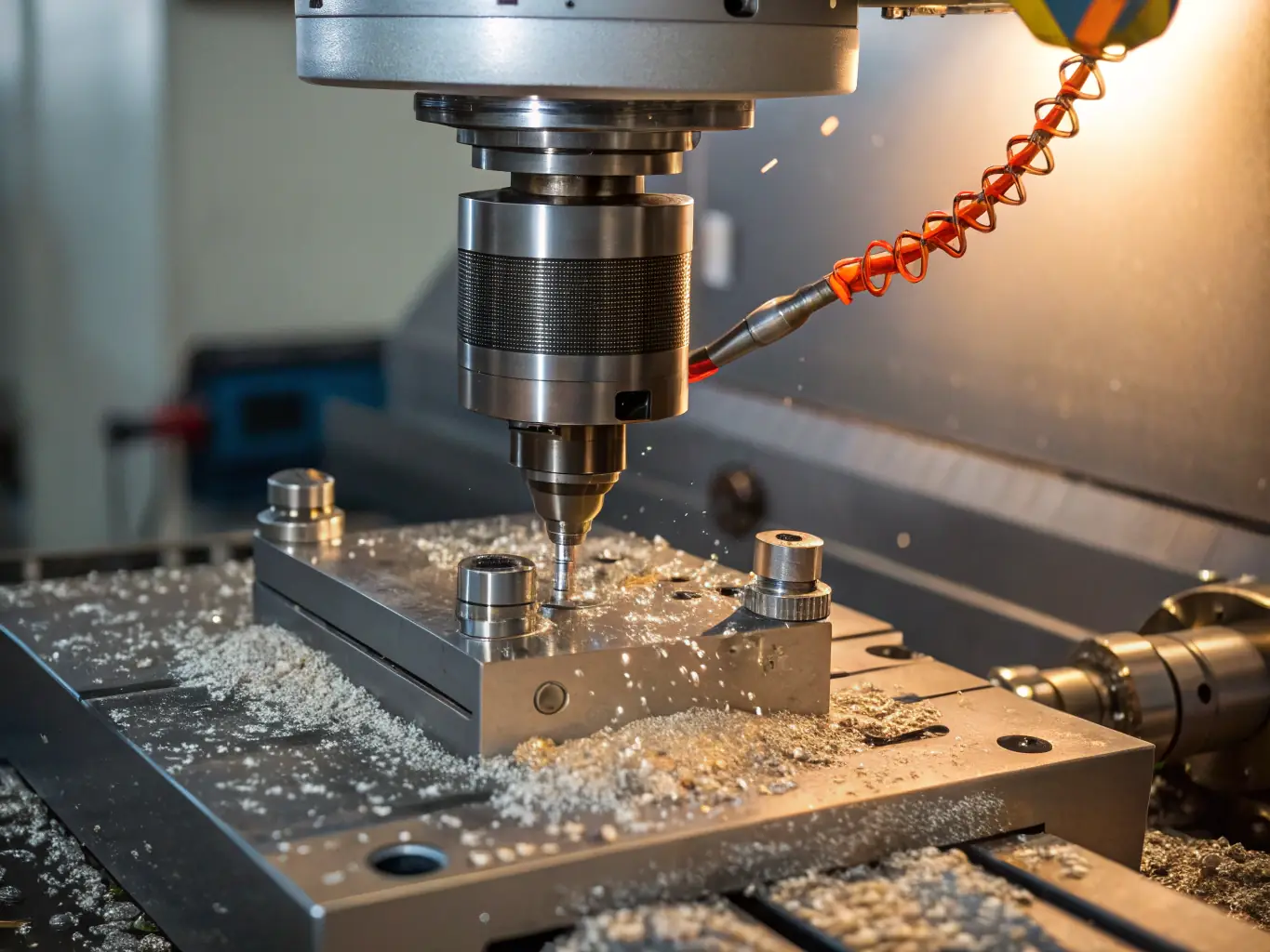 A high-resolution photograph showcasing a CNC lathe in operation at Spring Engineering Workshop, with a focus on the precision cutting of a metal component. The image should highlight the machine's advanced control panel and the quality of the finished part.