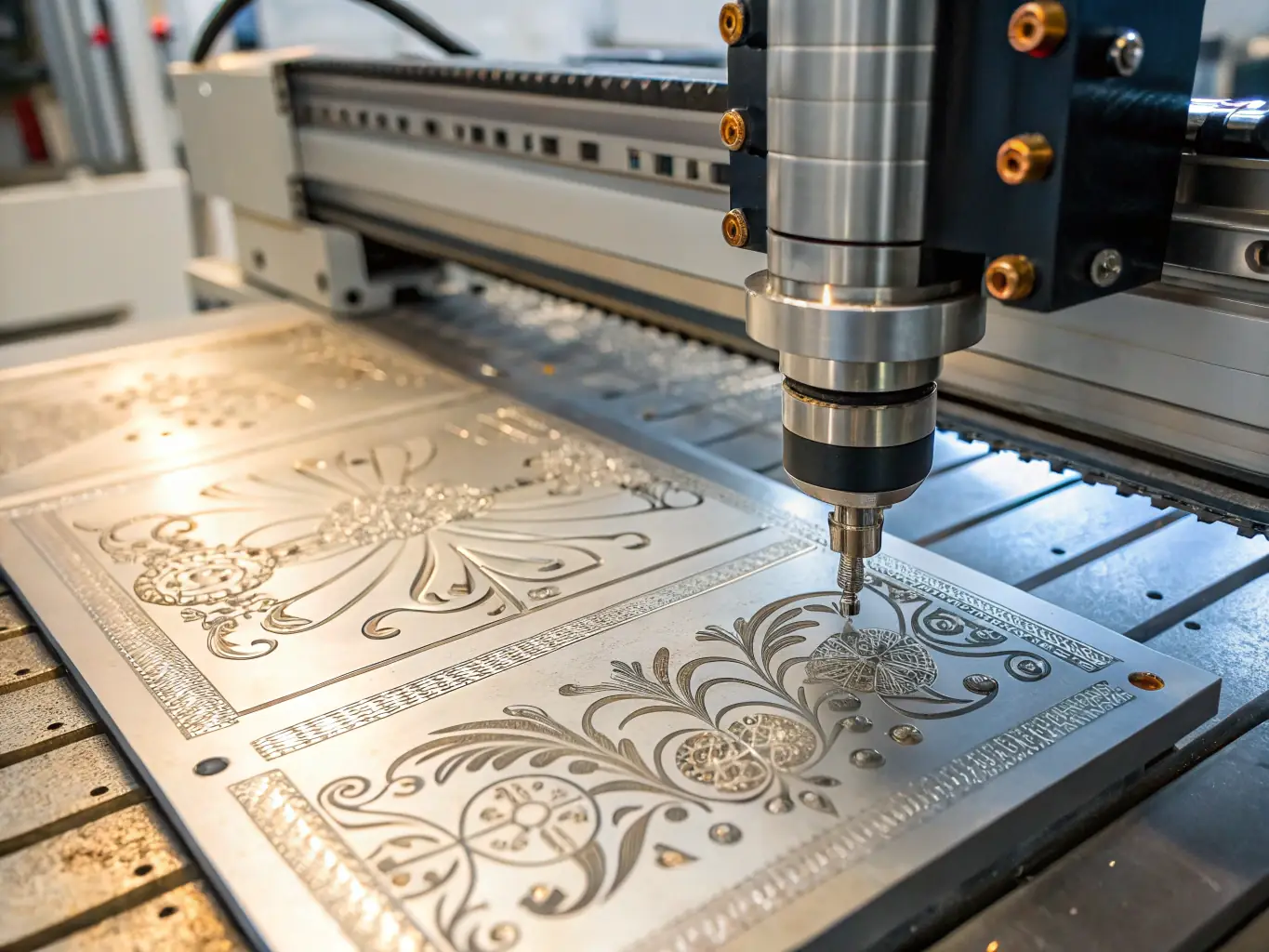 A dynamic shot of a CNC milling machine cutting intricate patterns into a metal block. The image highlights the machine's speed and accuracy.